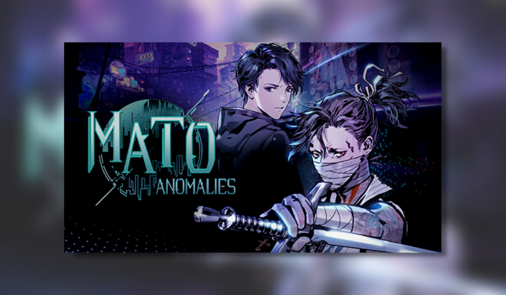 A blurred background with a clear picture in front showing two individuals one with a sword and the title of the game all with a blue tint.