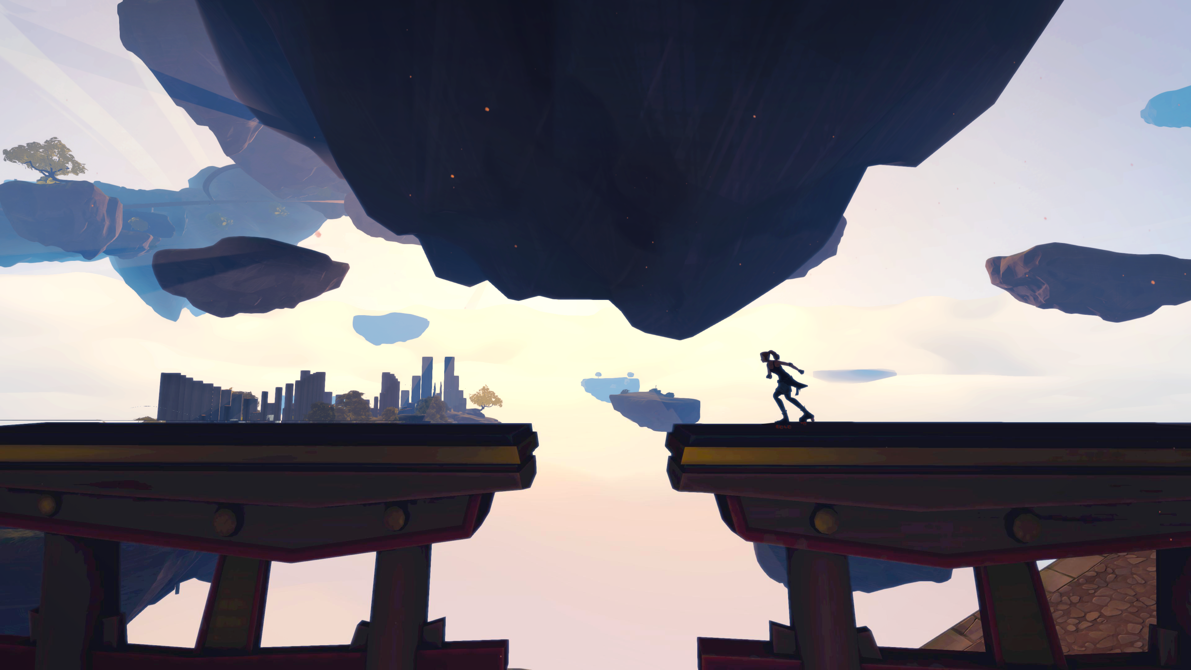 A Giant Zoe is about to jump over a gap and destroy a city while roller blading next to some floating lands