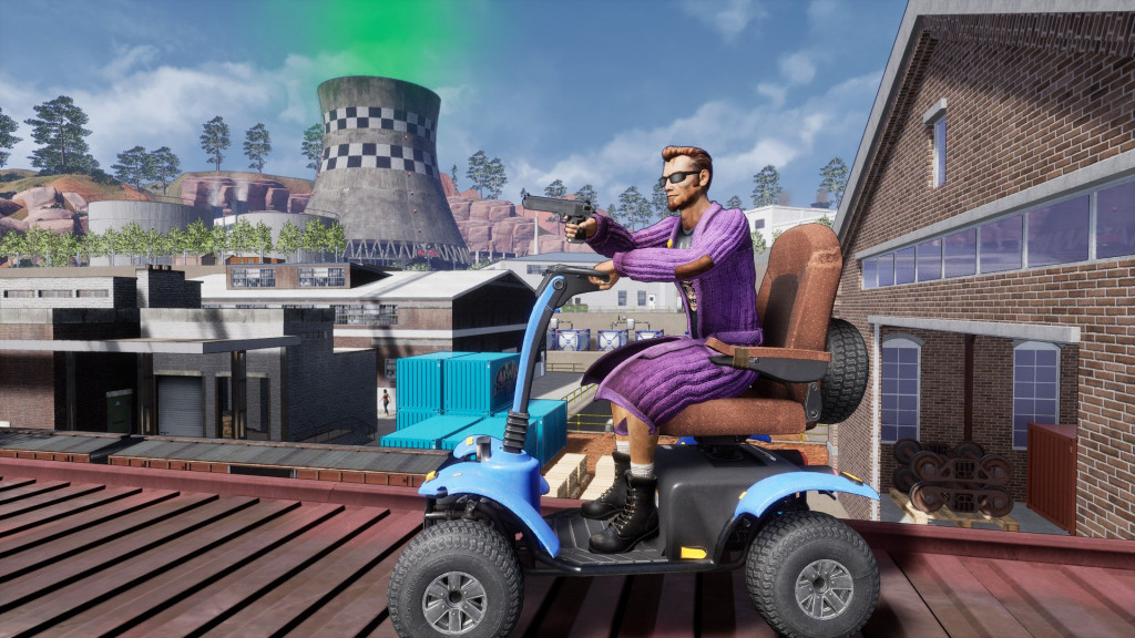 Dude riding on a customised mobility scooter aiming a handgun to screen left, he is wearing shades and a purple bath robe and combat boots.