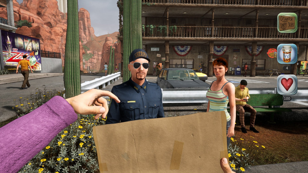 First person view of Dude pointing at a cardboard sign as a sheriff's deputy and a random civilian.