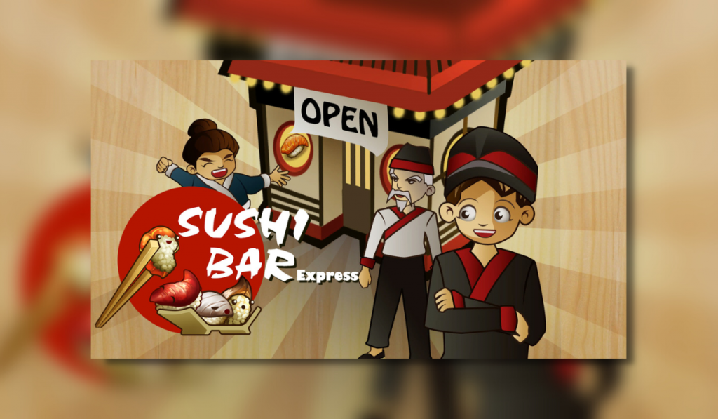 Sushi Bar express logo. Showing 3 game characters stood in front of an open restaurant and the sushi bar express logo is at the front