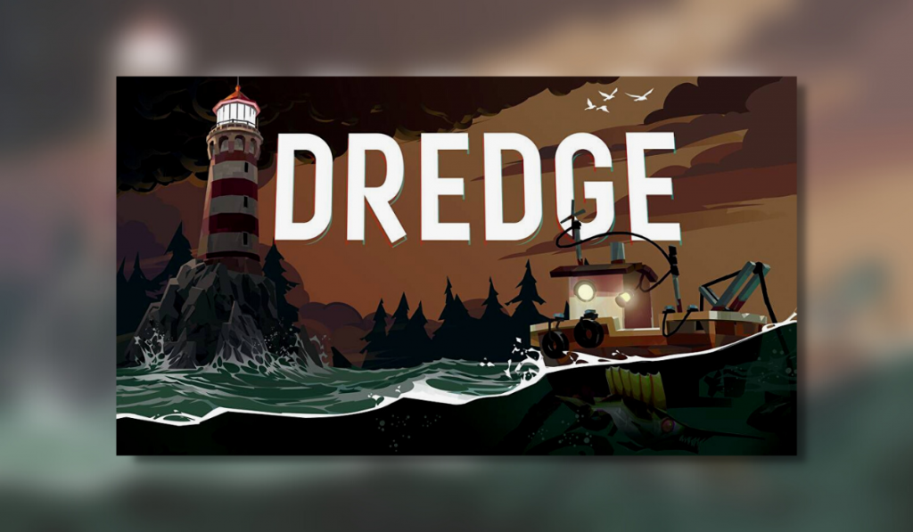 The feature artwork for videogame - Dredge. It shows a choppy sea with a small fishing boat passing through illuminated by a lighthouse high on a rocky outcrop as the daylight fades