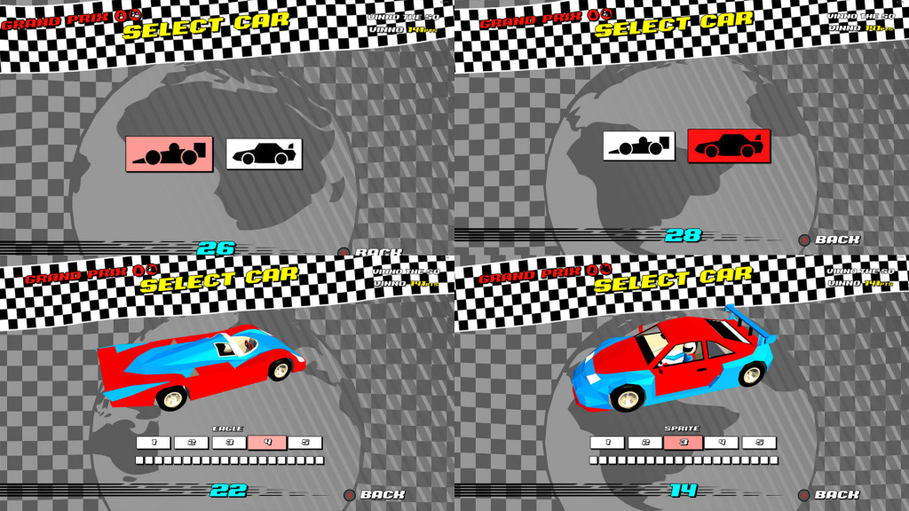 Screen split into 4. Top left and right show the car type selection. Race car is selected on the left image, drift car is selected on the right. On the bottom left, the Le Man style car named the Eagle is selected. On the bottom right the JDM style drift car called the Sprite is selected. Both cards are red and blue. THe backgrounds are all a greyscale checkerboard with a grey scale globe over them, there is a black and white checkered flag across the top of each screen with "Grand Prix" written in red and "select car" written in Yellow.