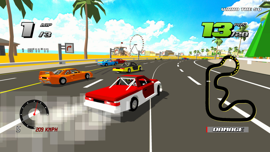 A red and white pick-up stokc car drifting around Santa Monica. On the left is the beach. There are palm trees along this side of the road. There are beach huts, and in the distance is the Santa Monica pier with it's Ferris Wheel.