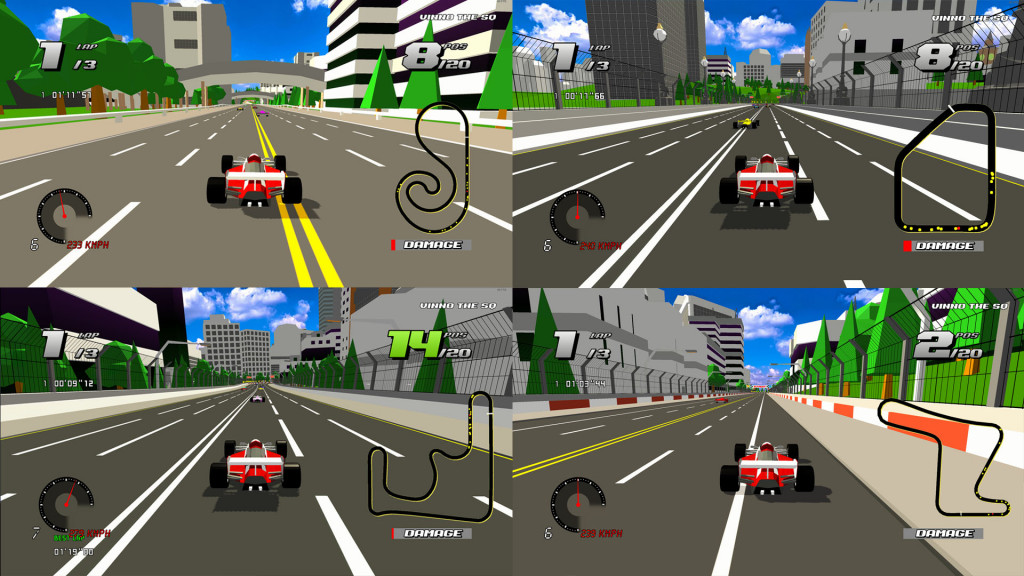 4 images showing the very similar backdrops of 4 different courses. In all, a red and white F1 car is being driven. All have a generic city backdrop, with trees and the same blue cloudy sky.