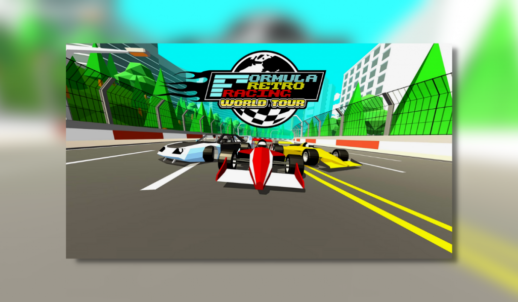 Low poly racetrack with red and white barriers. Either side there are tree with building behind them. The sky is blue and clear. There are 3 racecars on the track. above the cars is the logo for Formula Retro Racing - World Tour.
