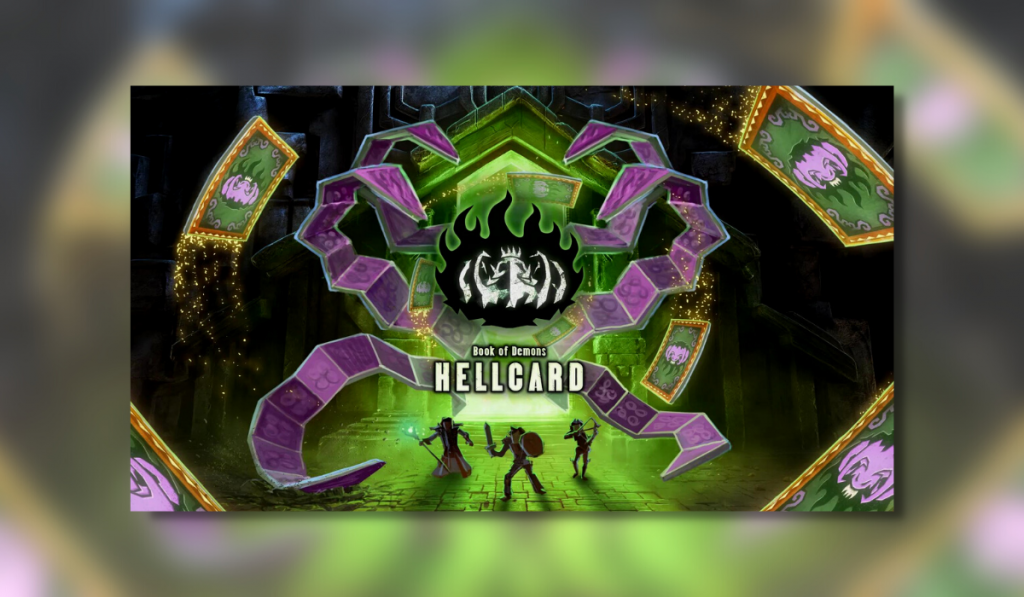 The Key Art for Hellcard is shown. Three Class Types - Rogue, Mage, Warrior - Stand surrounded by an ominous green title.
