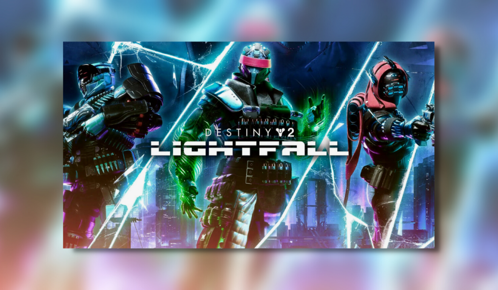 destiny 2 lightfall logo with 3 guardians on the front with bright neon streaks