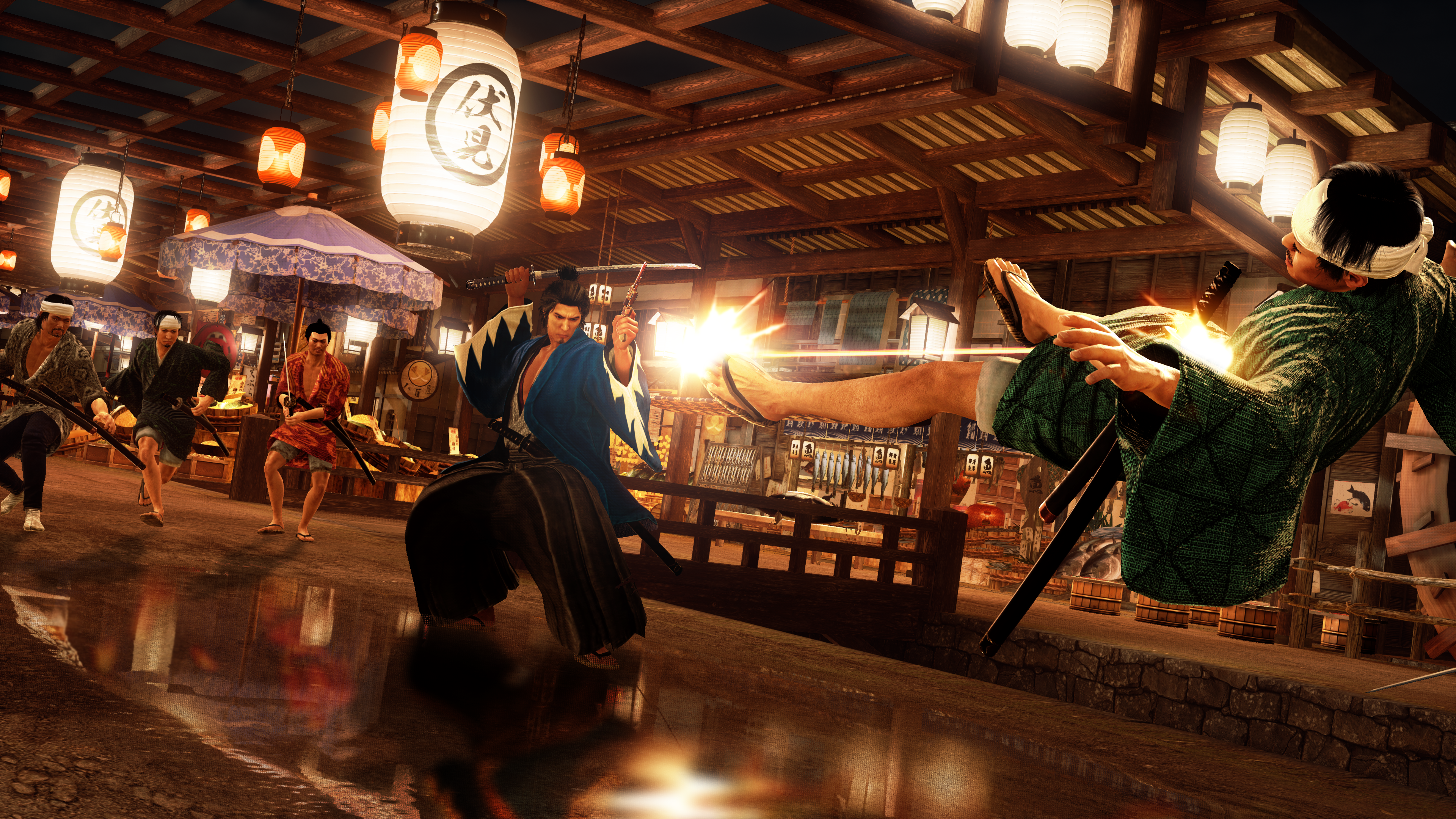 Ryoma is in the moddle of a market, next to a stream that runs through the middle. There are lanterns hanging from the ceiling illuminating the market. He is wearing his blue Shinsengumi robe. Behind him, 3 bandits are approaching, the left one in grey, the middle in black and the rightmost one in red. They are all brandishing swords. Ryoma is using the wild dancer style and has fired at shot at a bandit in front of him wearing green. The shot has sent the bandit flying backwards off of his feet.