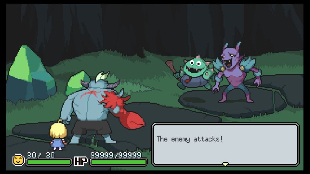 Roy is facing off against 2 monsters, with Meg stood behind him. Roy and Meg are to the left of the screen closest to us. The 2 monsters are to the right of the screen further away. The monster on the left is a short round green monster, the monster on the right is a tall purple one. We are stood on rock platforms in a grassy area surrounded by cliffs. There is not much natural light.