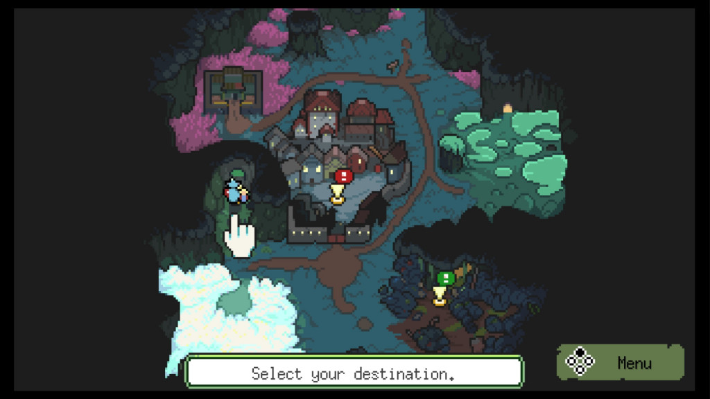 A map of the underworld. In the centre is the monster town. To the right is a forrest. In the bottom left there is the meadow of luminous flowers. In the bottom right is a cave. There is a red quest marker over the town to signify the main quest. There is a green quest marker over the cave to signify a side quest.