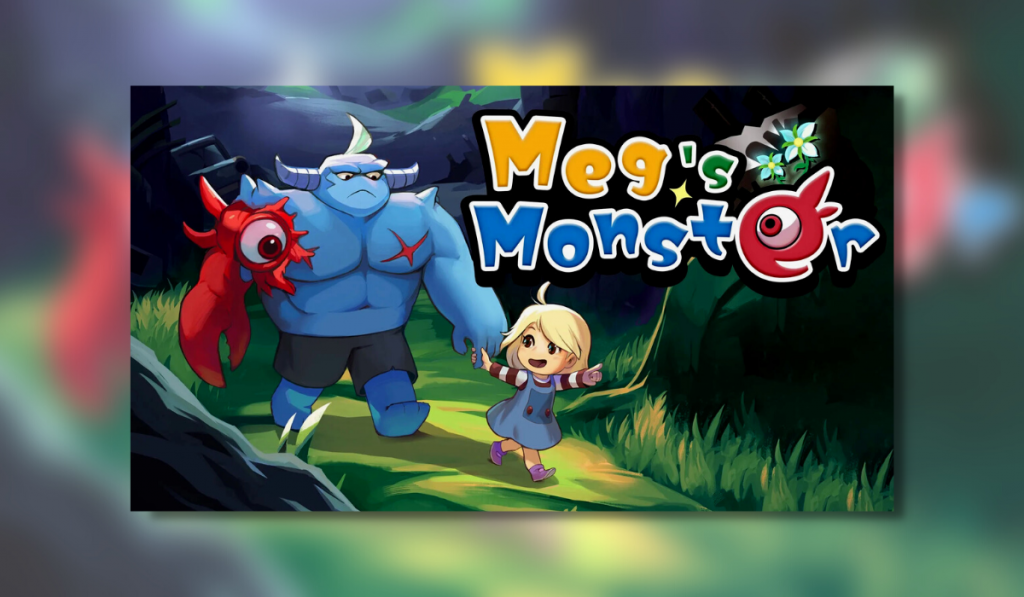 Title Card for Meg's Monster. The Monster, Roy, is a big blue brute with his right arm that looks like a crab. He has horns and is wearing shorts. He is being lead down a grassy path with rocks either side by Meg. Meg is a little blonde girl wearing a blue dress over a red and white striped long sleeve shirt, with purple shoes. She has holding on to Roy's index finger.