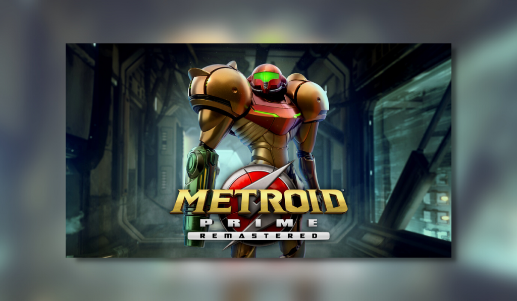 Metroid Prime Remastered logo showing Samus on the front with the game logo at the bottom