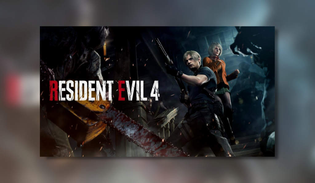 Game Title - Resident Evil 4 An ominous figure holding a chainsaw covered in blood, approaches our male protaganist who is pointing a gun protecting a women behind.