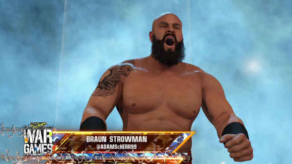 Image displaying Braun Strowman entrance with his name showing on a WarGames graphic