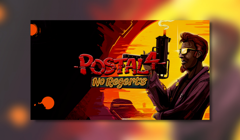 Postal Dude holding a gun in front of him from a side view with Postal 4 No Regerts title