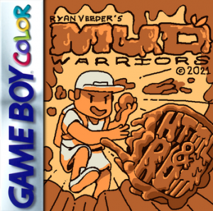 gameboy colour cover art for Mud Warriors showing a hand drawn image of a boy wearing white t-shirt shorts cap and backpack. The boy is throwing mud to the foreground. Above the boy text reads: "Ryan Veeder's Mud Warriors"