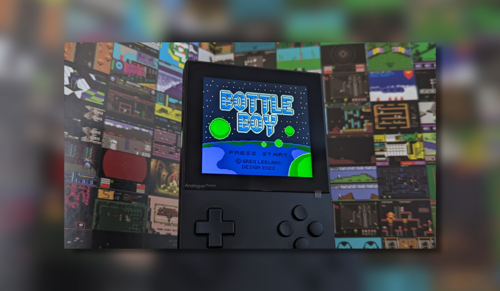 Bottle Boy title screen showing on an Analogue Pocket. It shows the game logo with some water below it.