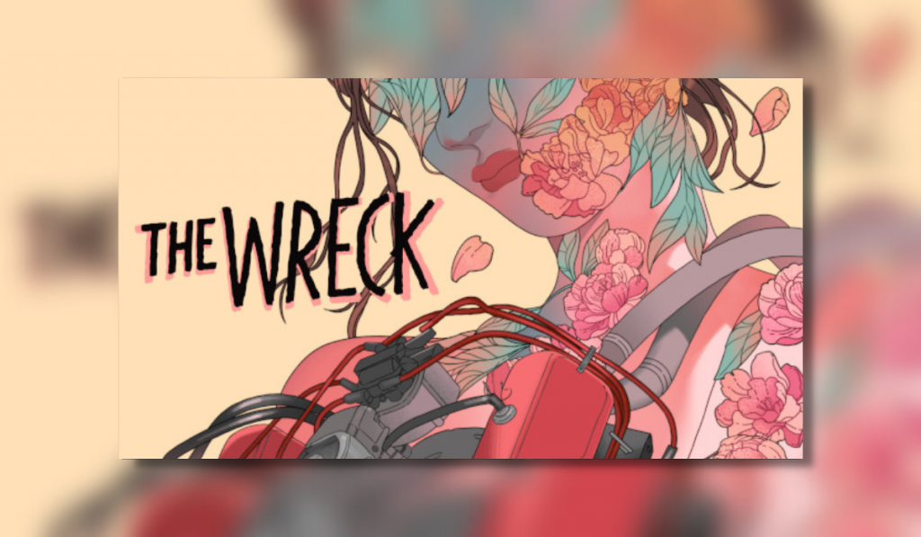 Cover art for The Wreck videogame showing the game logo on the left and abstract artwork of a female character on the right