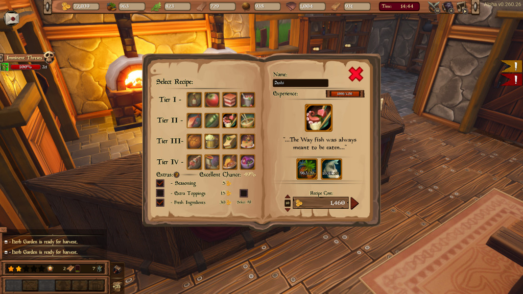 Image displaying a book themed menu with tiers 1 to 4 of various food items to craft.
