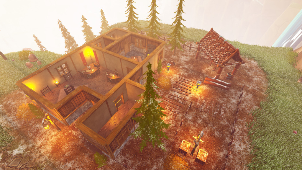 Image displaying a tavern that player has created featuring light layers of snow and lanterns throughout the building.