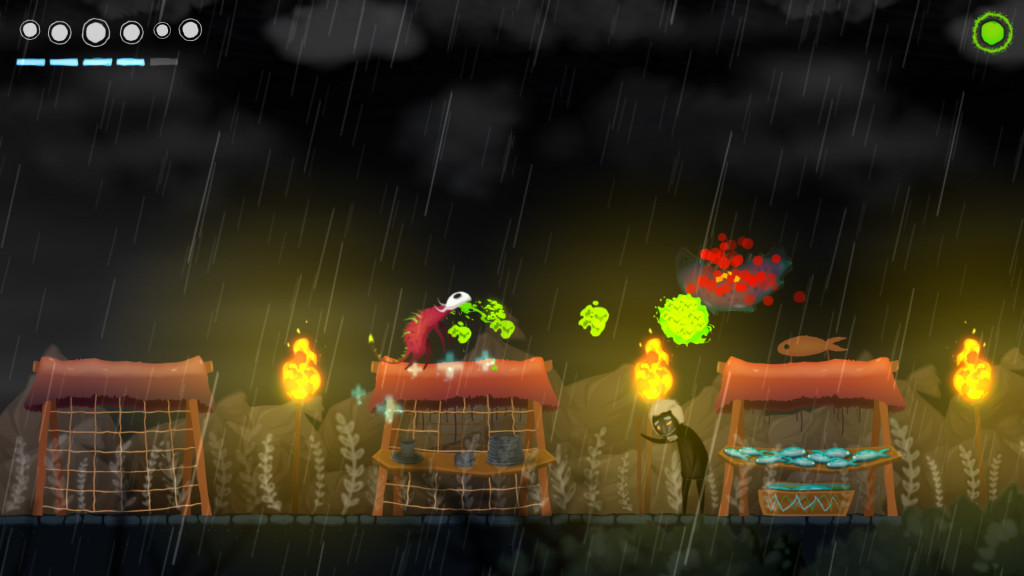 An in game screenshot from The Guise, showing The Guise defending himself by attacking monsters in a dark eerie setting.