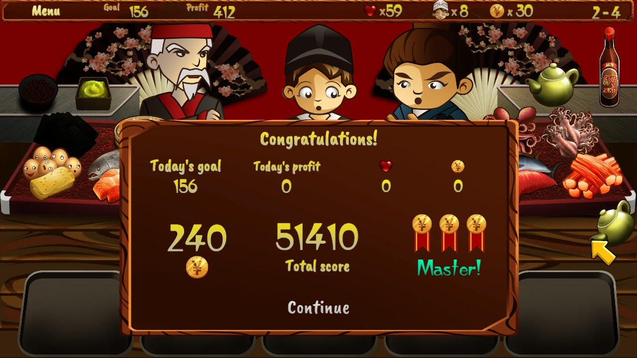 End of level score showing the player get the "master" level for their performance. 
