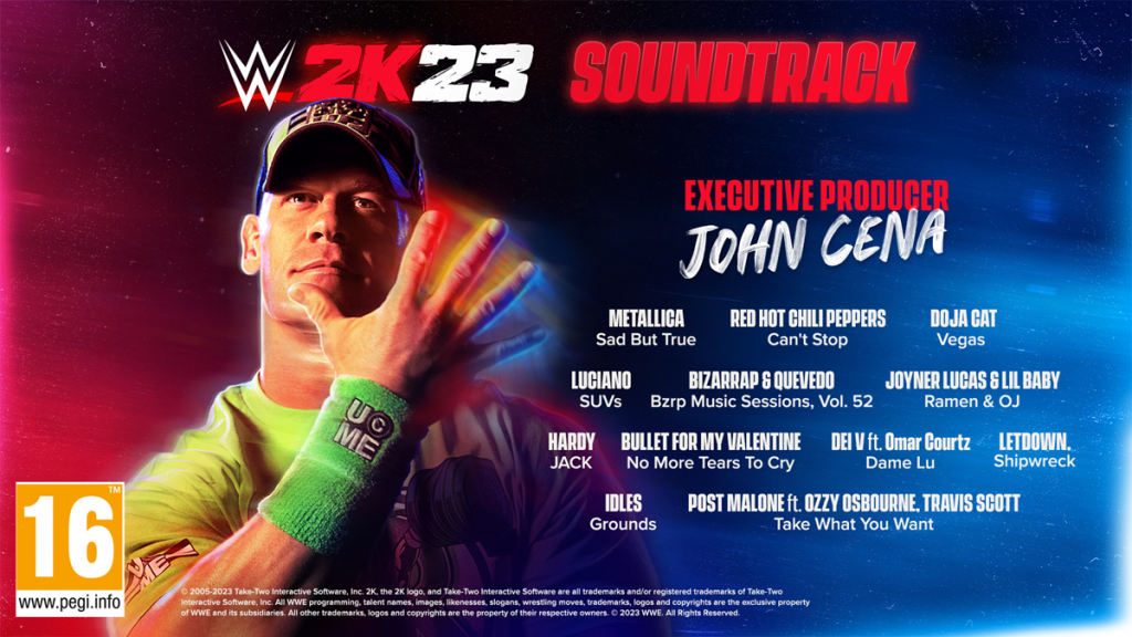 Image showing John Cena doing his signature you can't see me and a list of musicians and tracks that he hand picked for the game.