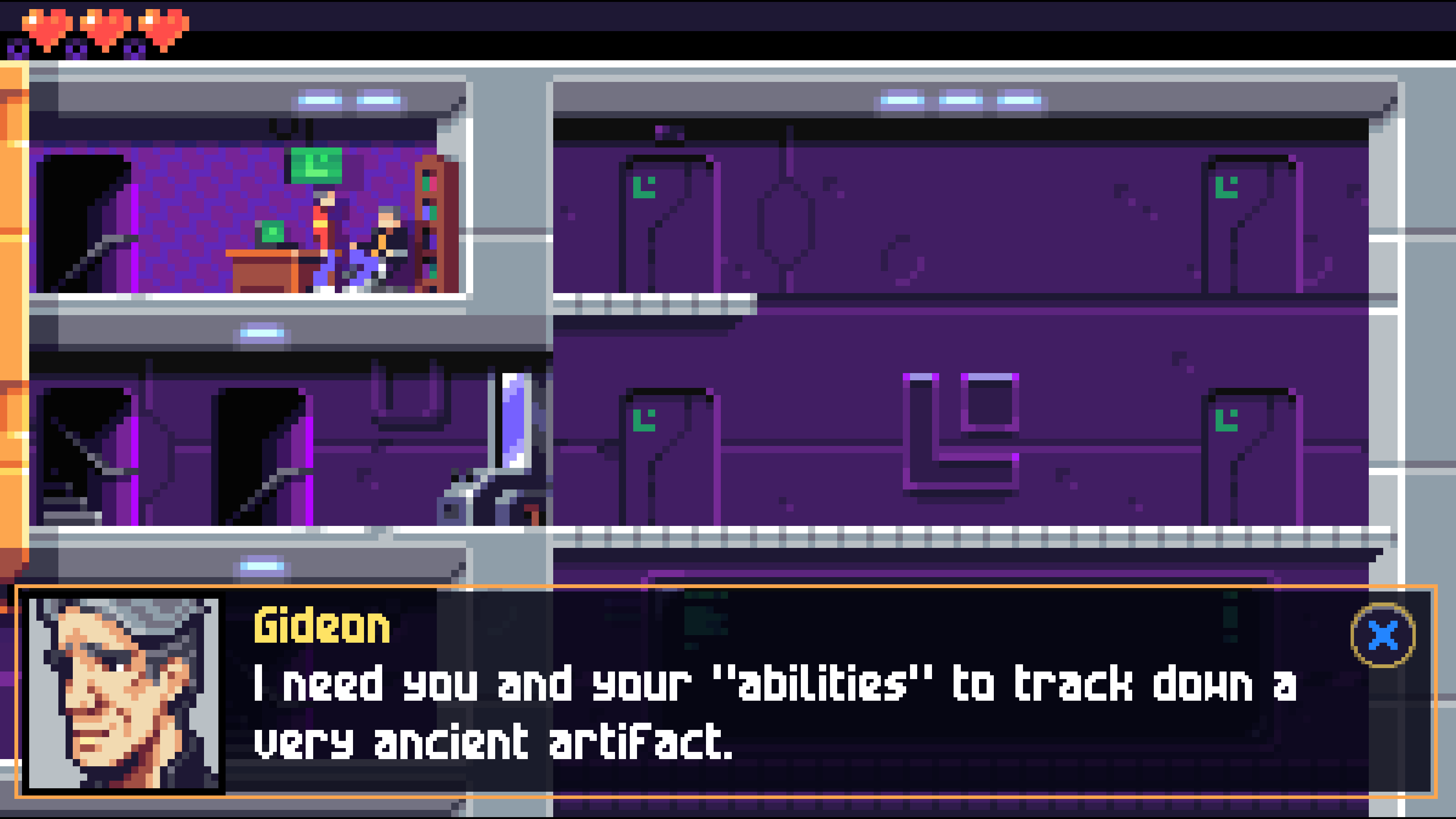 2 characters in conversation in an office room in top left platform in a lavel in Lunark. A stairway to the left leads to the lower level. Dialogue at the bootom of the image shows a character called Gideon talking. The word read: "I need you and your "abilities" to track down a very ancient artifact."
