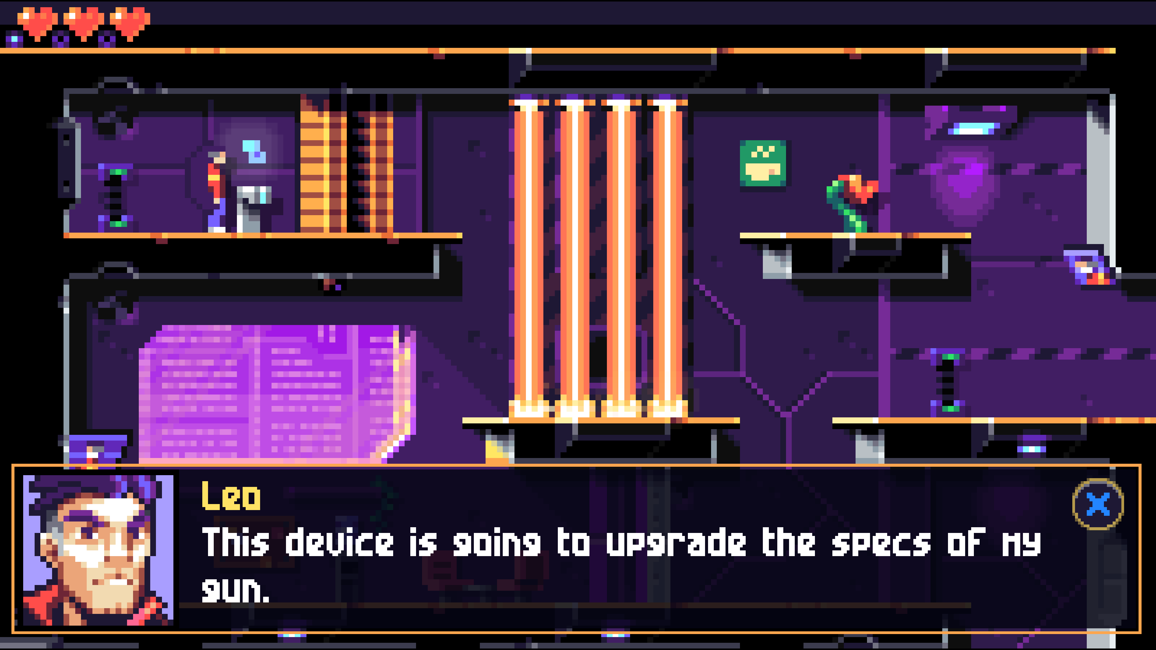 2D pixel art character wearing a red jacket stands at an upgrade terminal on an upper left platform of a level in Lunark the sci-fi cinematic platformer. A lower platform in the middle is blocked with laser beams. An upper platform on the right has a red plant that can be picked up to recover health.