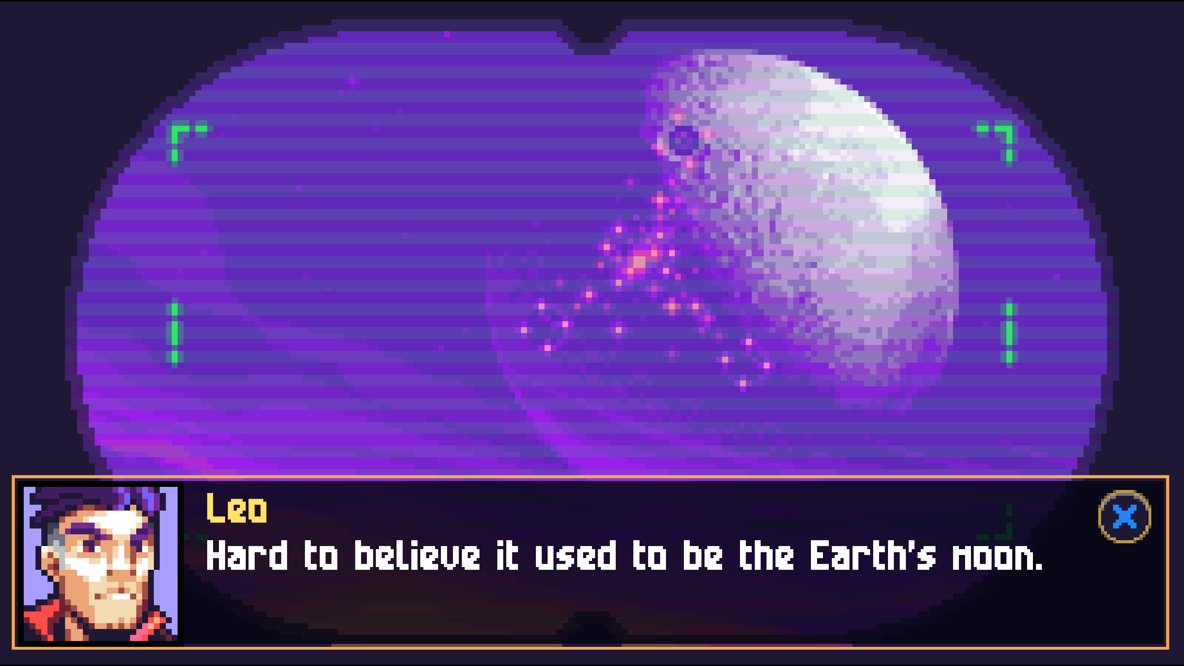 a view through binoculars of the moon. It is set in a fictional future where the moon has been inhabited. The bottom of the image shows dialogue from a character called Leo that reads: "Hard to believe it used to be the Earth's moon."