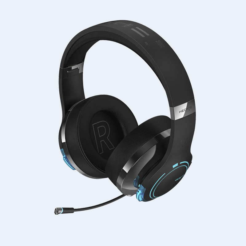 screenshot showing the black headset lit with blue led lighting on the earcups