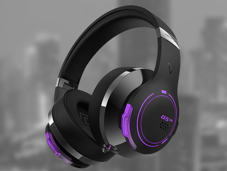 screenshot showing the black headset lit up with purple leds in the earcups.