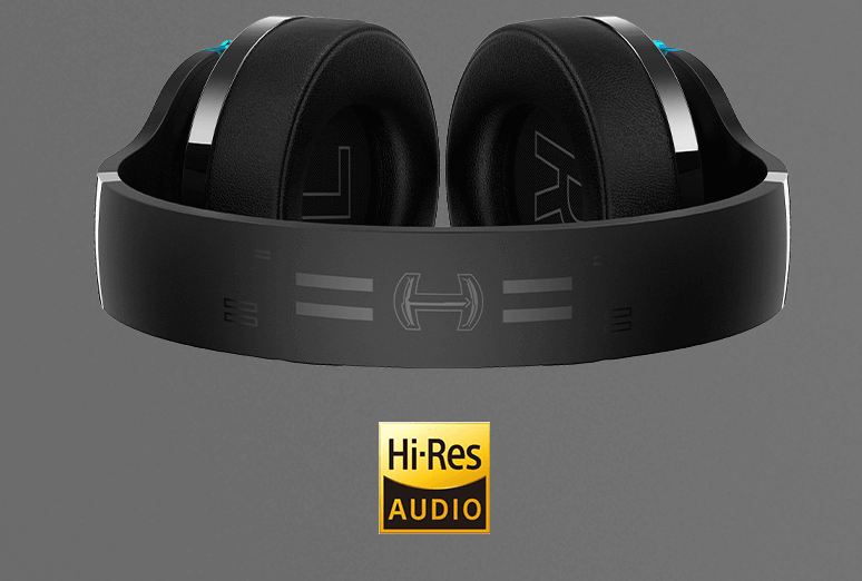 screenshot showing the headset laying down from the headband view. The Hecate logo can be seen on the black band.