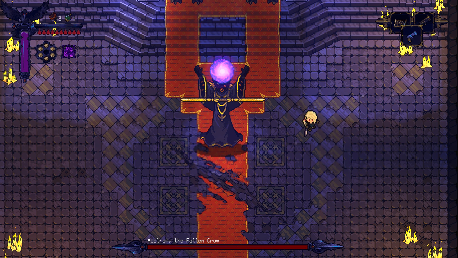 Vesper is currently fighting the boss known as Aledram. Boss is charging up a purple orb to hurl at the player. Health bar is displayed below.