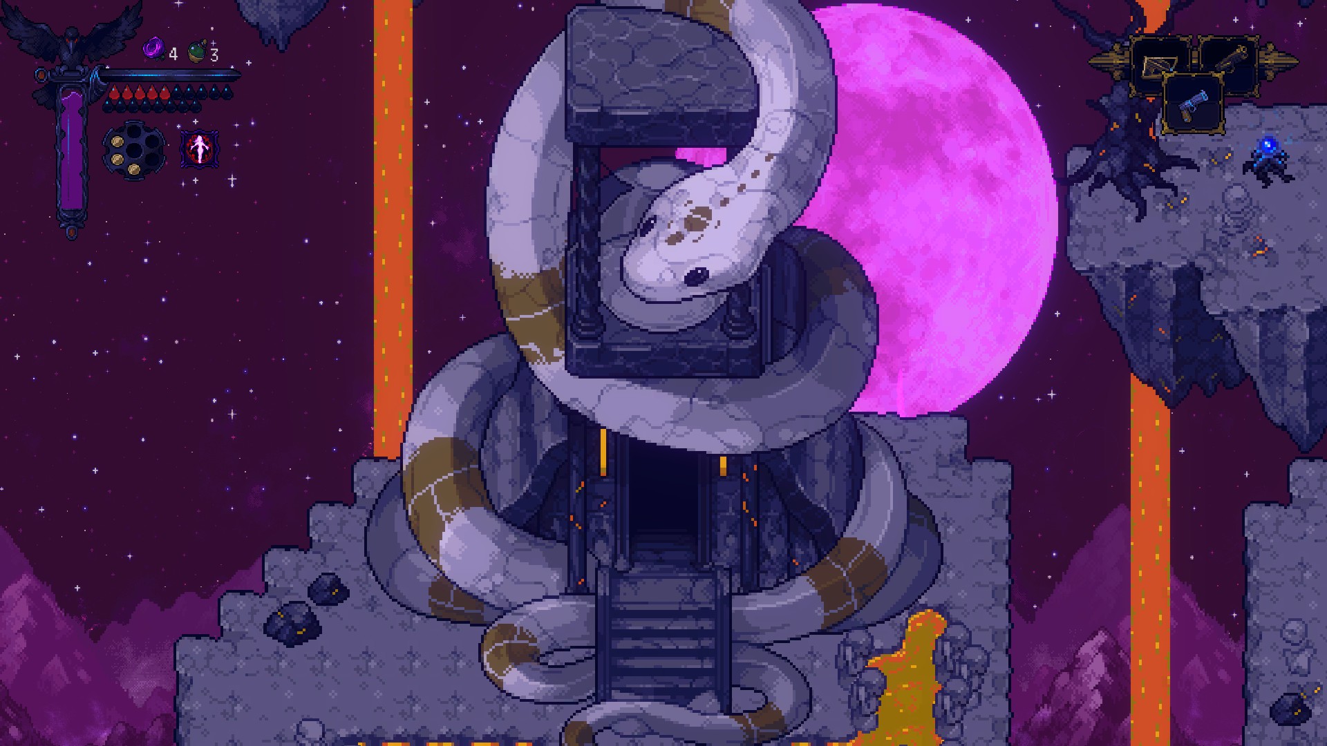 a temple with a giant stone snake statue wrapped around it. a purple moon can be seen being and two lava falls