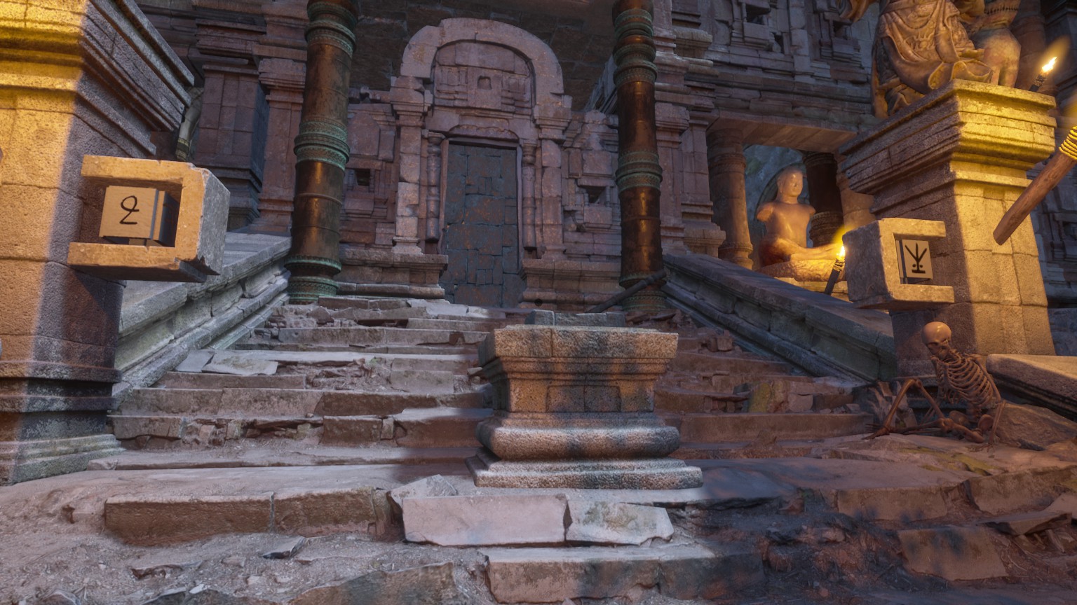 stone steps leading up to a ancient door. the player must activate two pillars by changing the symbols.