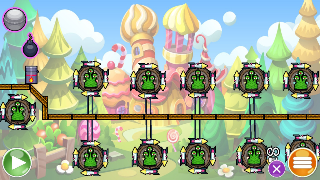 screenshot showing a puzzle level. a candy style castle is in the backdrop in pink and yellow, surrounded by green, yellow and blue trees. In the forefront are 11 aliens sitting with catherine wheels. They somehow all need to be lit by the one bomb and lighter.