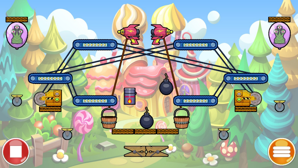 screenshot showing a puzzle level. a candy style castle is in the backdrop in pink and yellow, surrounded by green, yellow and blue trees. In the forefront are various cog, conveyor and pully attachments. Two aliens in a balloon is waiting to be destroyed.