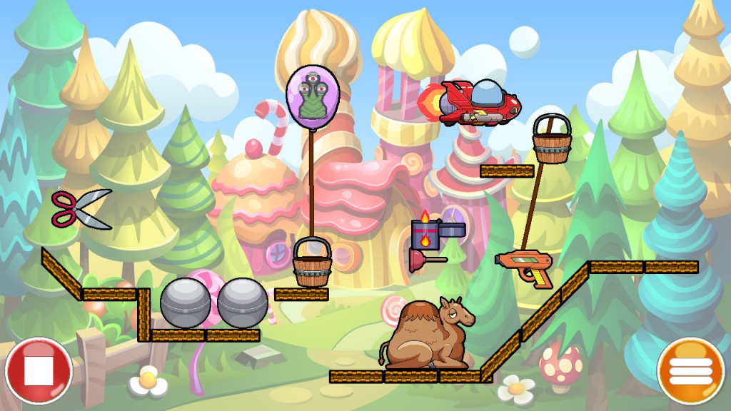 screenshot showing a puzzle level. a candy style castle is in the backdrop in pink and yellow, surrounded by green, yellow and blue trees. In the forefront are various ropes, scissors, and balls. An alien in a balloon is waiting to be destroyed.