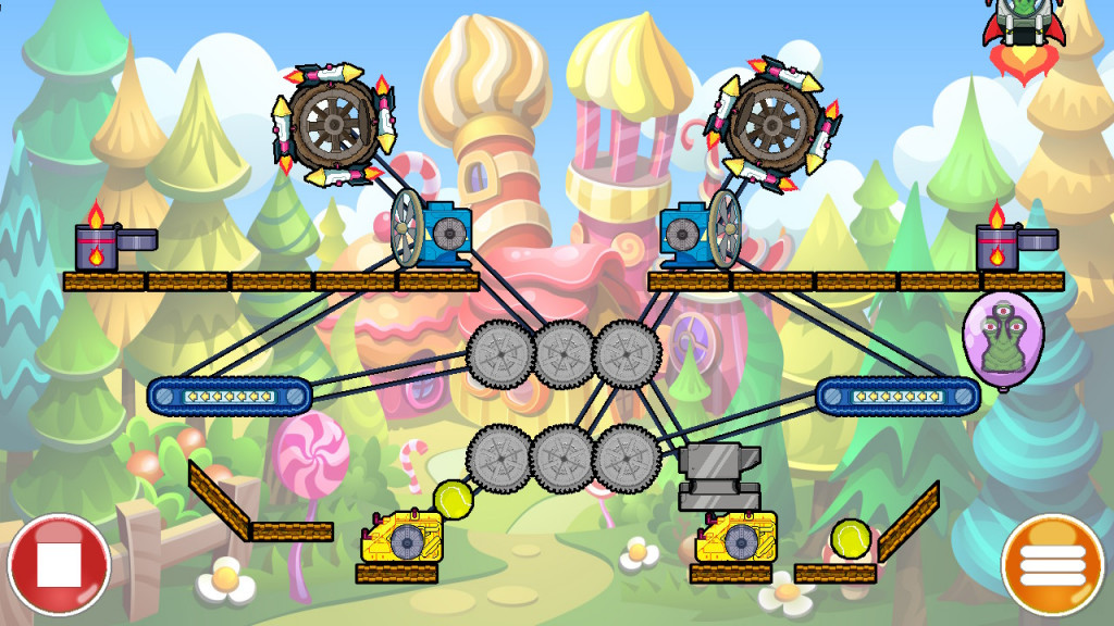 screenshot showing a puzzle level. a candy style castle is in the backdrop in pink and yellow, surrounded by green, yellow and blue trees. In the forefront are various cog, conveyor and pully attachments. An alien in a balloon is waiting to be destroyed.