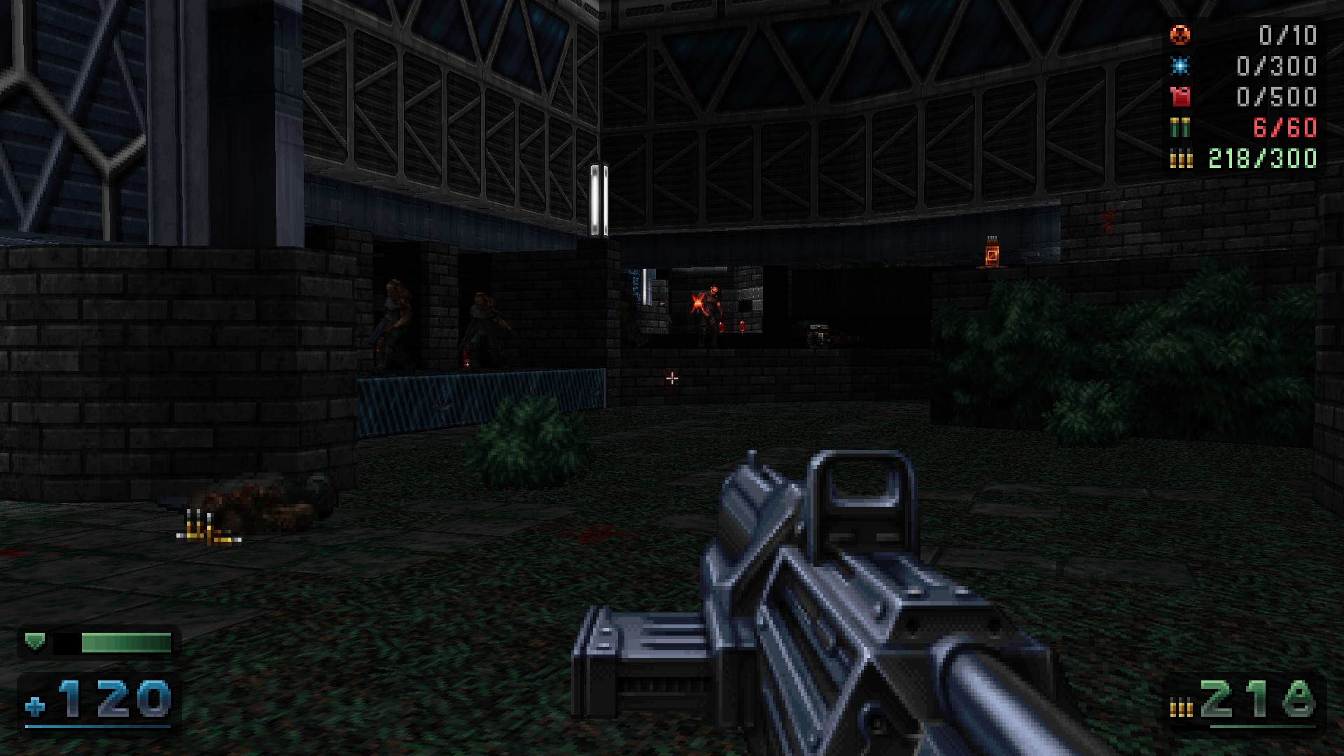 Your player walking through a dark area with Assault Rifle in hand and pixelated enemies all around.