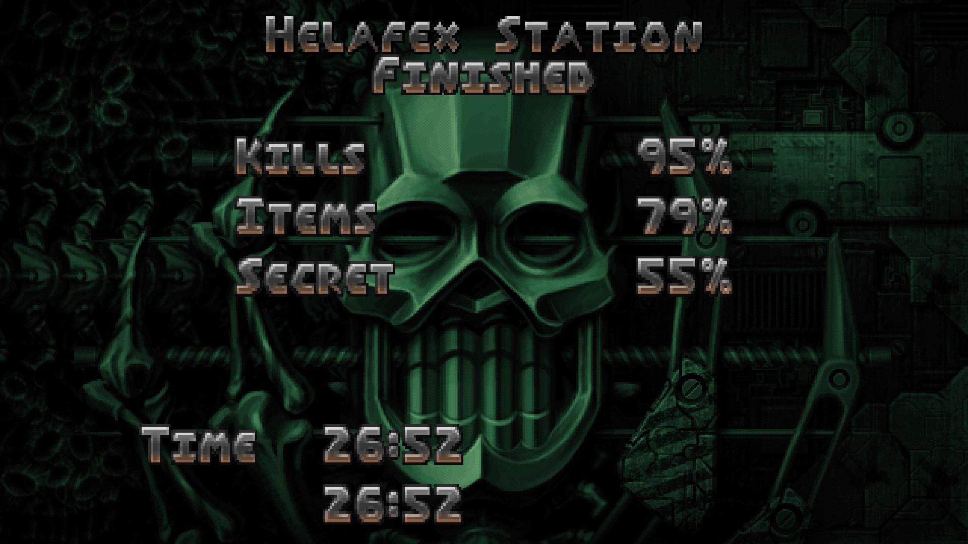 A static image with a text breakdown summary of the level completion, including kills, items, secret areas, and time.