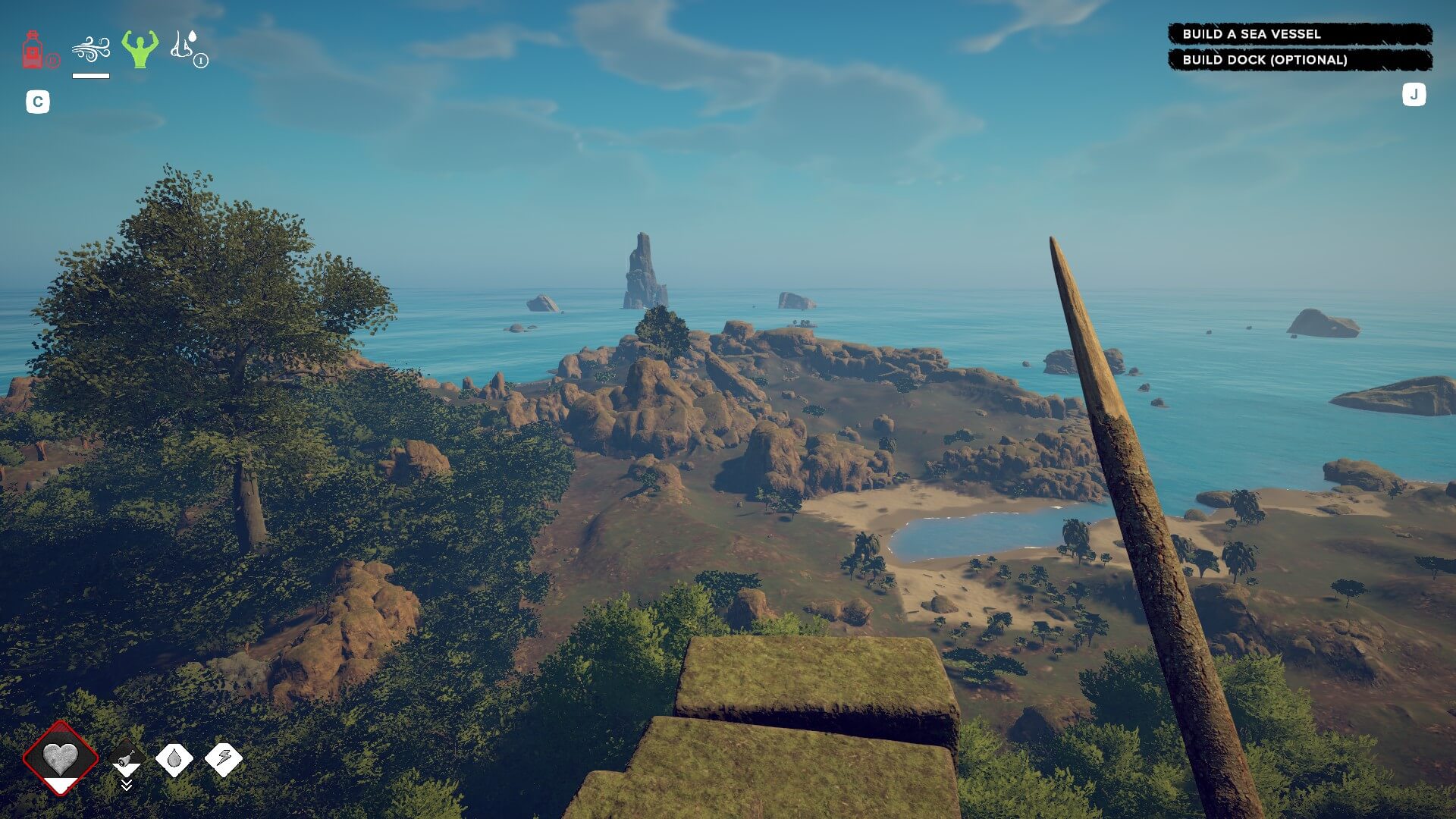 the player is getting a overview of the island from an observatry located in the mountains. A largew tree seen is one of the many cartographer trees scattered throughout the world.