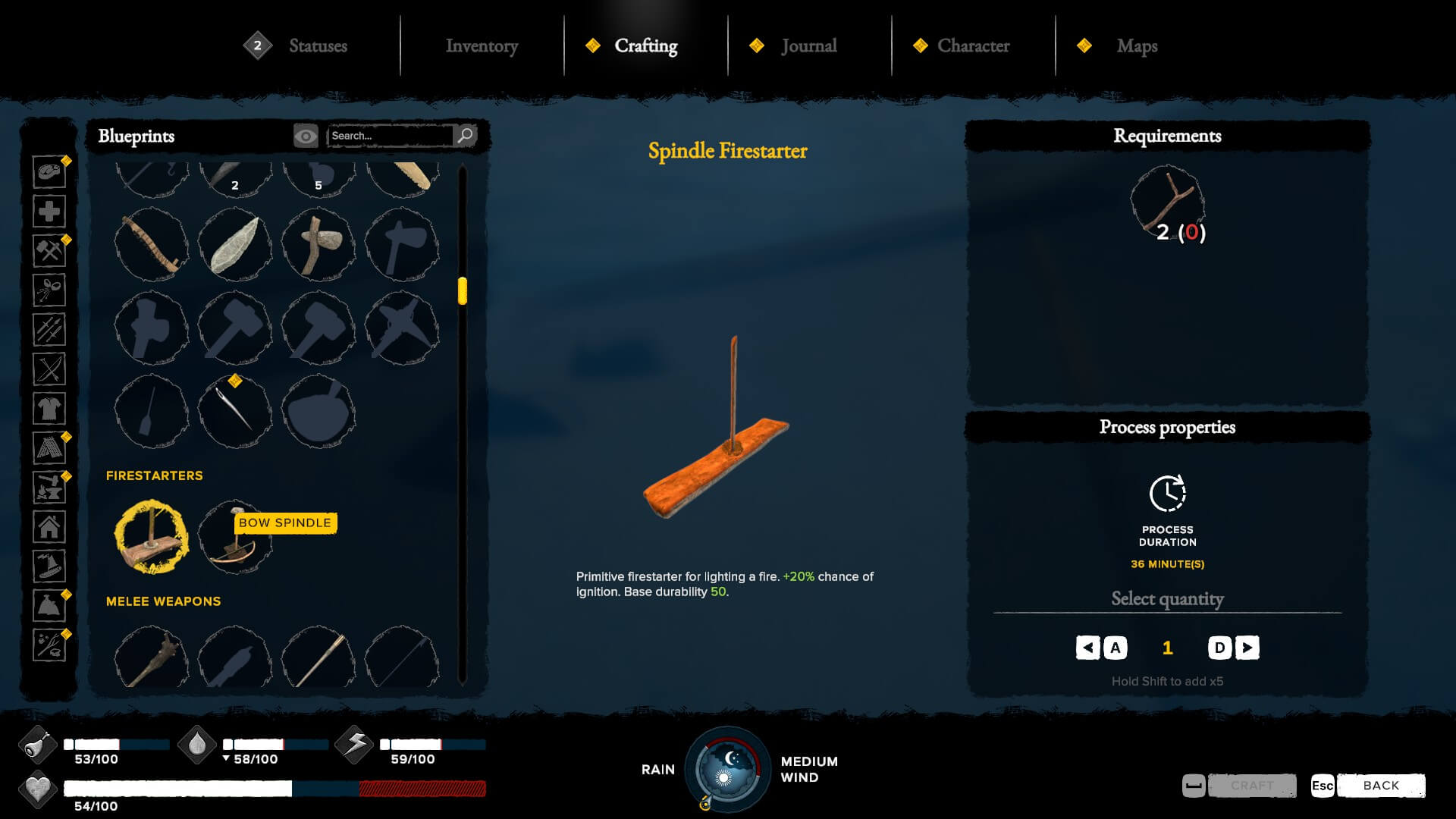 A spindle firestarter is in the middle of the screen. right side shows what and how many items are needed to make it. left are a list of items the player can make some are silhouetted as the player has not discovered them yet. 