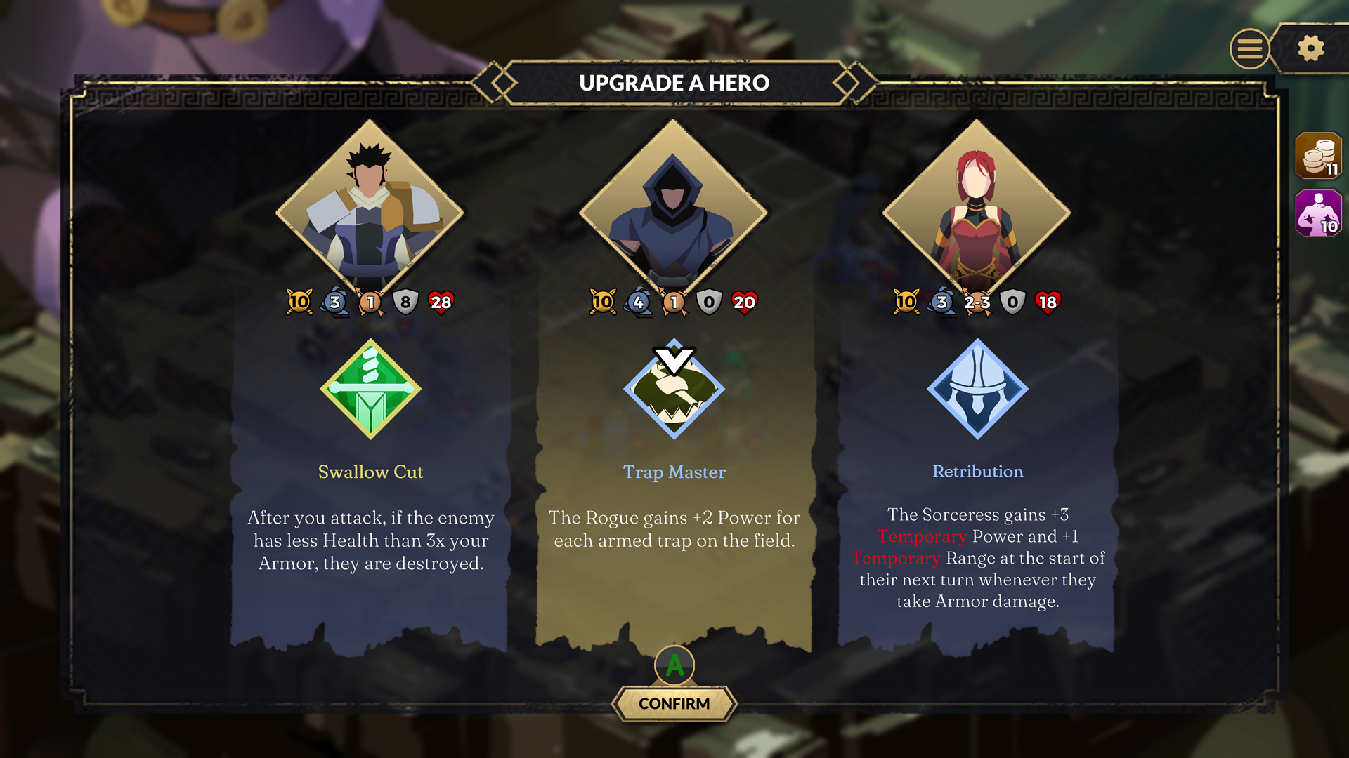 Three columns are on the screen, each hero has a separate one. The screen is the upgrade a hero screen. Swallow cut, trap master and retribution are listed with a confirm option at the bottom of the screen. 