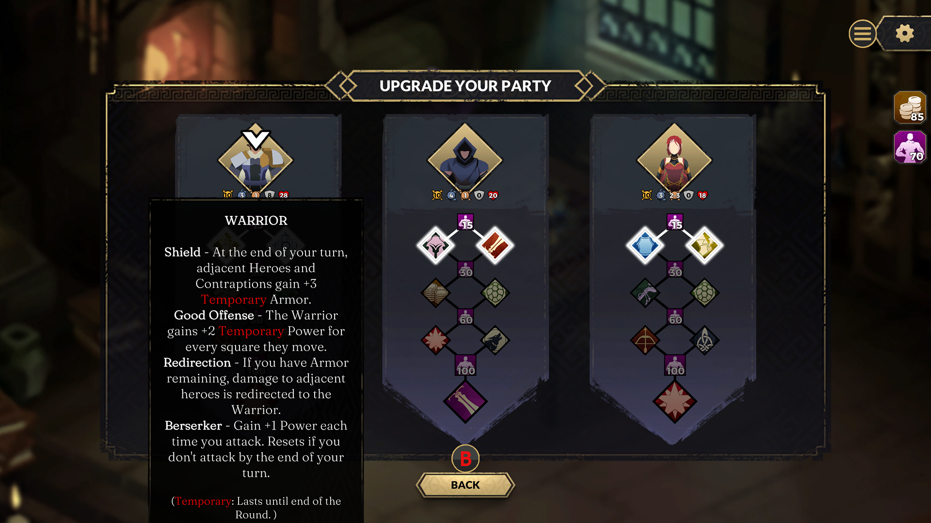 Upgrade your party screen. Three columns representing your three heroes. Each hero has a skill tree that can be advanced going down the column.