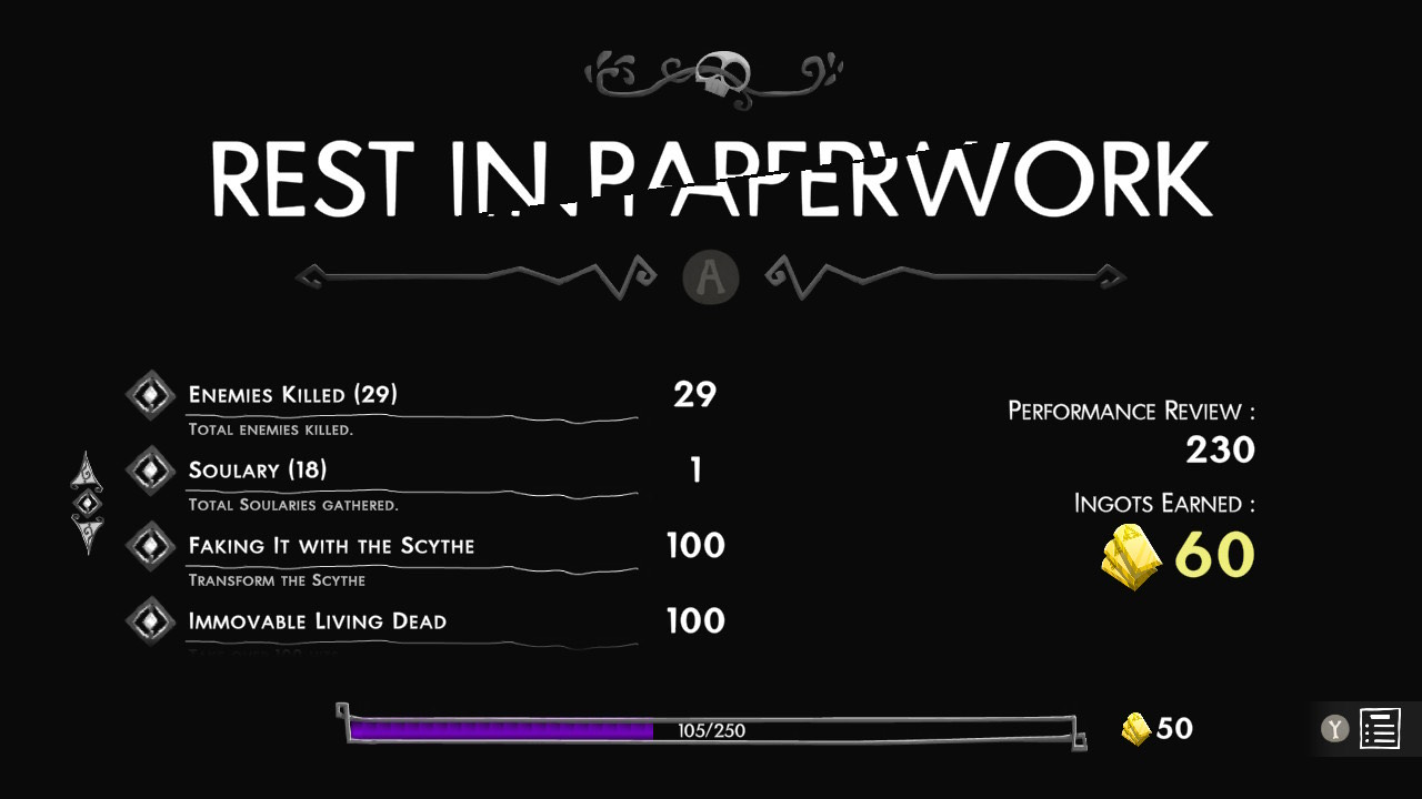 A picture showing "rest in paperwork", showing the amount of Ignots earned through playing the level.