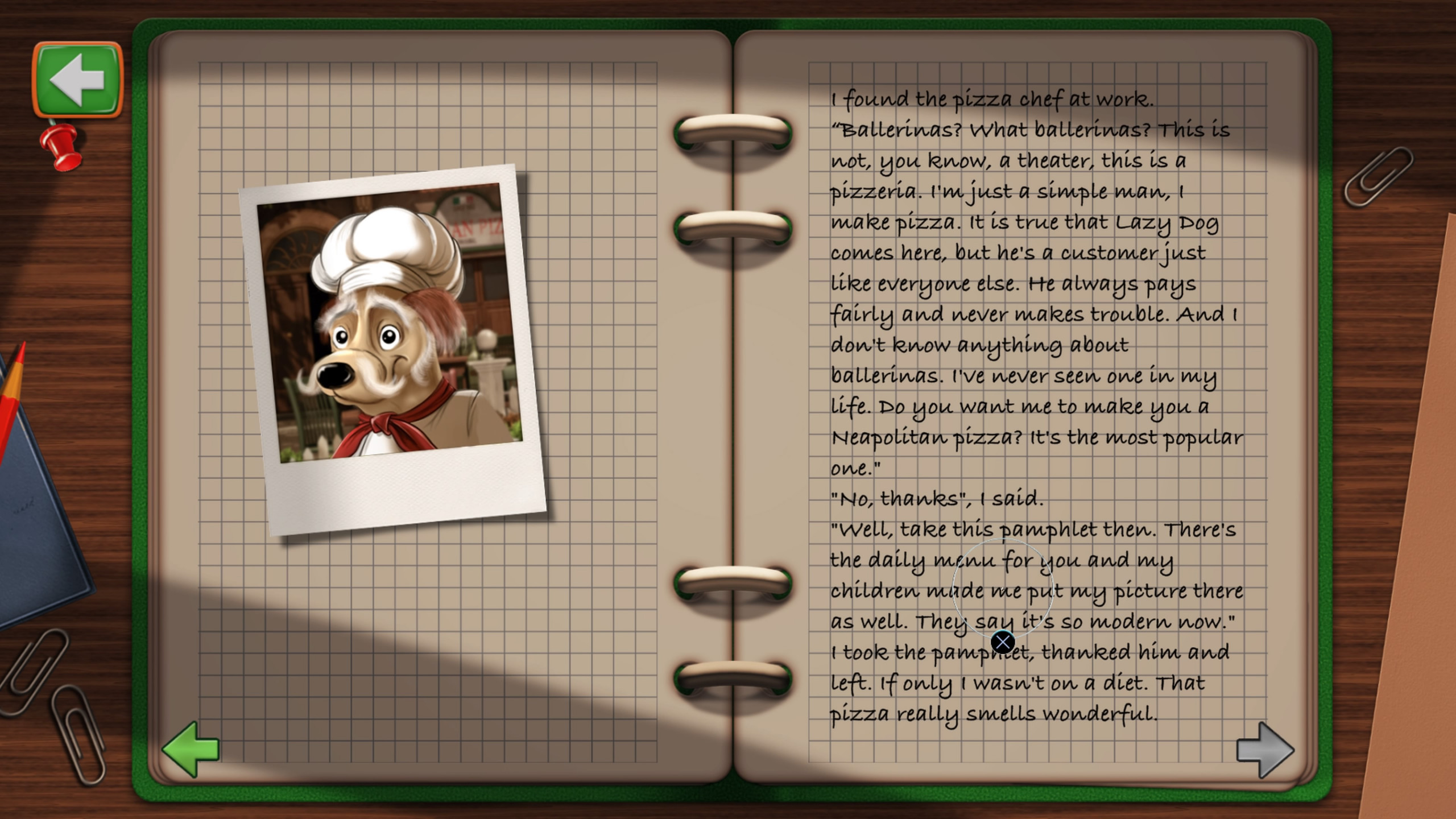 A notebook with a photograph and wall of texting explaining the scene and dialogue of the game.