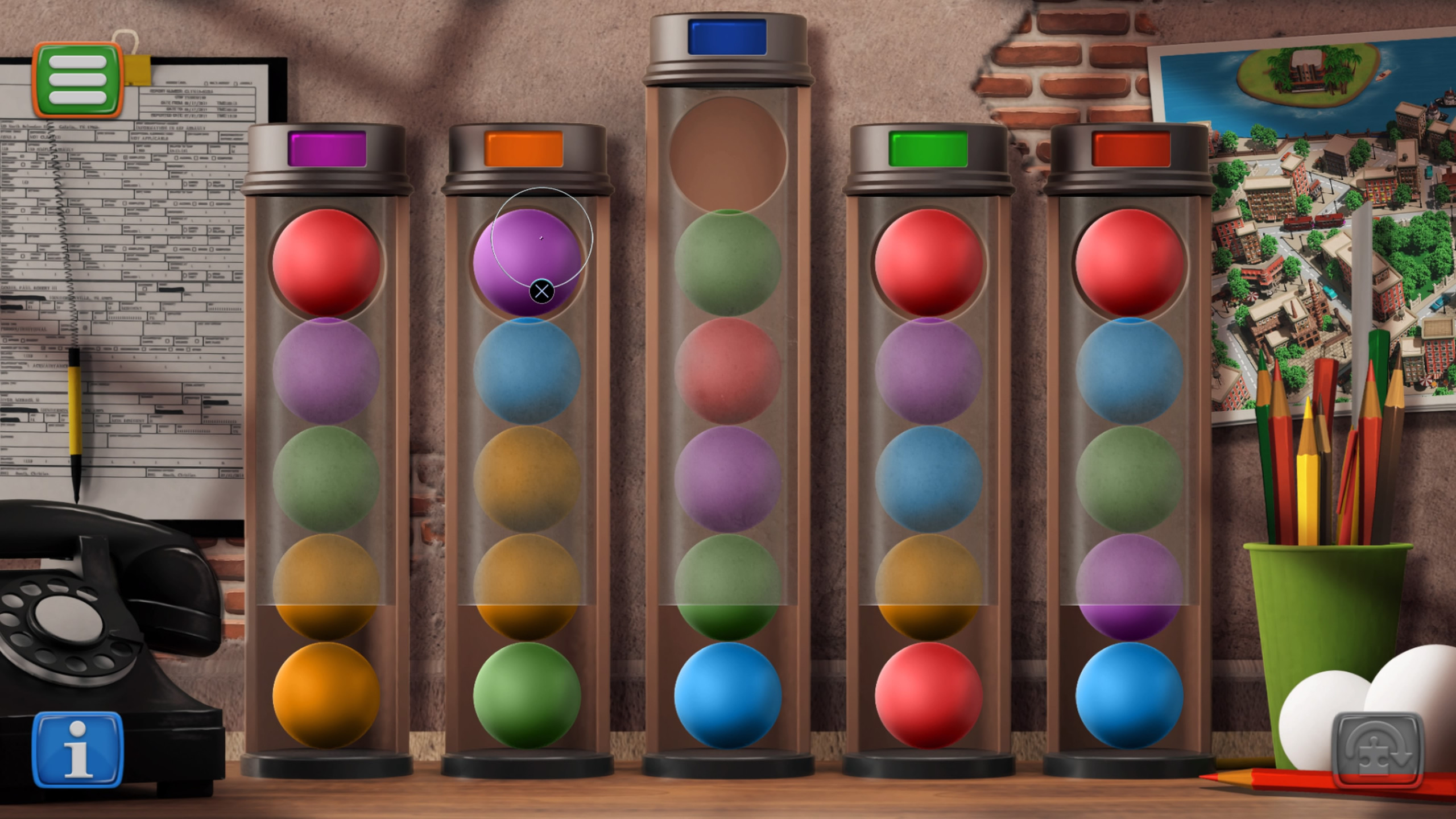 five tubes holding five balls each in various colours. this puzzle requires players to match all the balls in the correct tower.